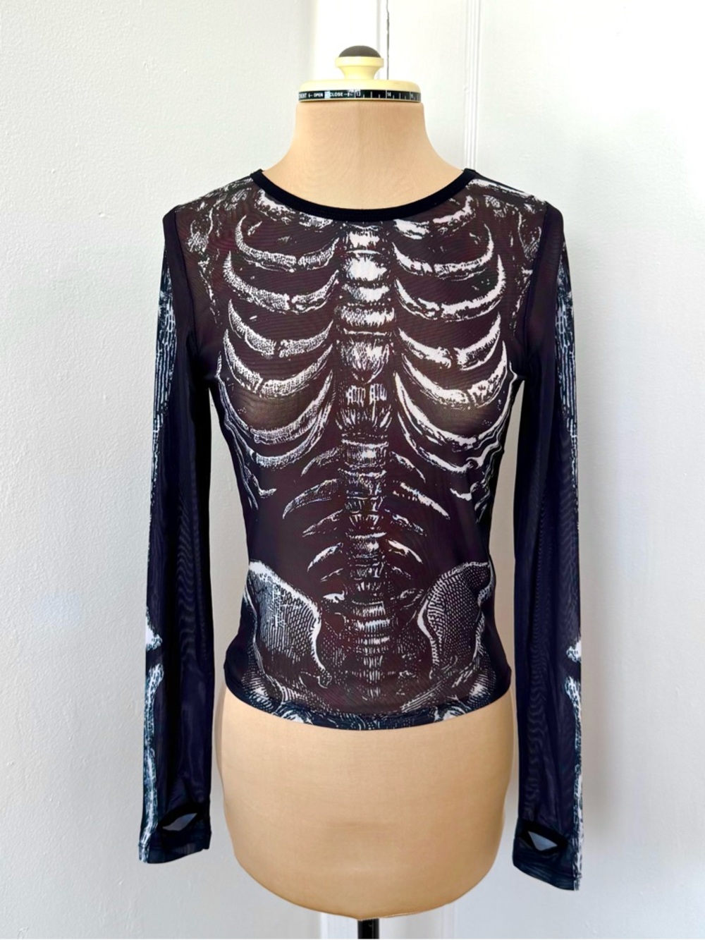 Dolls Kill Trickz N’ Treatz Skeleton Print Mesh Long Sleeve Top size S